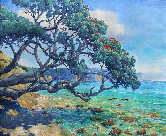 Graham Downs NZ landscape artist, oil on canvas, pohutukawa tree